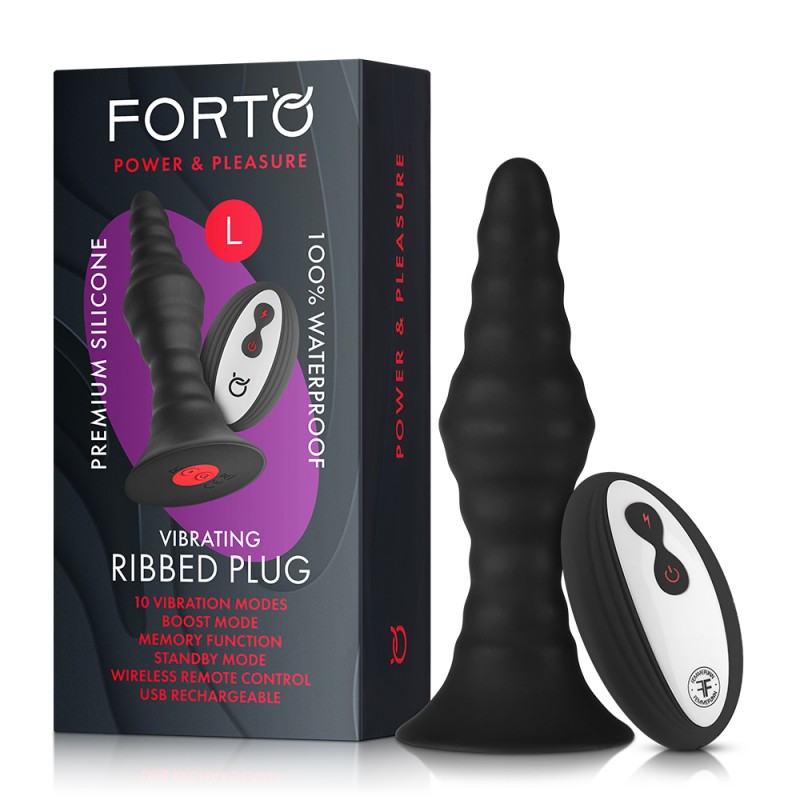 Forto Vibrating Ribbed Black Plug - Large